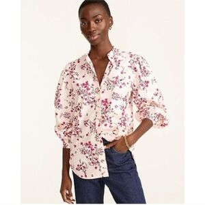 J Crew Classic Collarless Puff Sleeve Shirt Womens 16 Budding Floral Pink